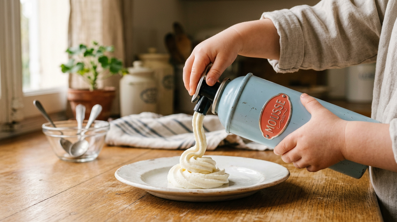 A child's hand pressing the lid of a can of Mousse to dispense fresh cheese onto a plate
