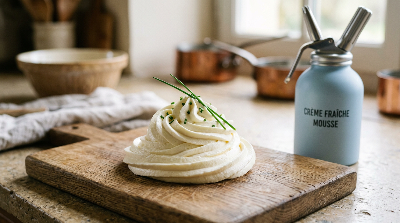 A hand holding a can of Mousse fresh cheese while piping a swirl onto a wooden board