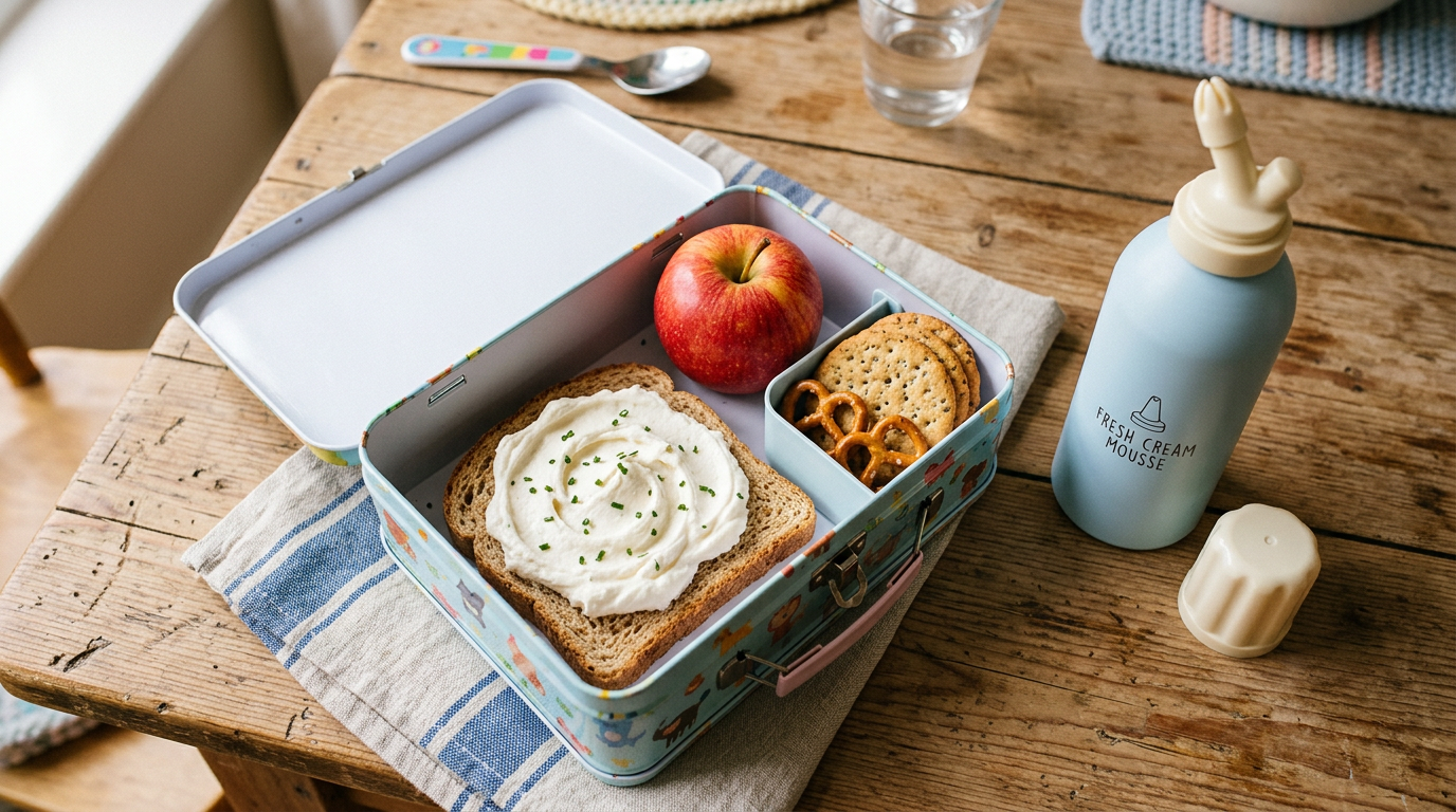 Sample lunchbox with a slice of bread topped with a swirl of Mousse fresh cheese, an apple, and crackers, next to a can of Mousse